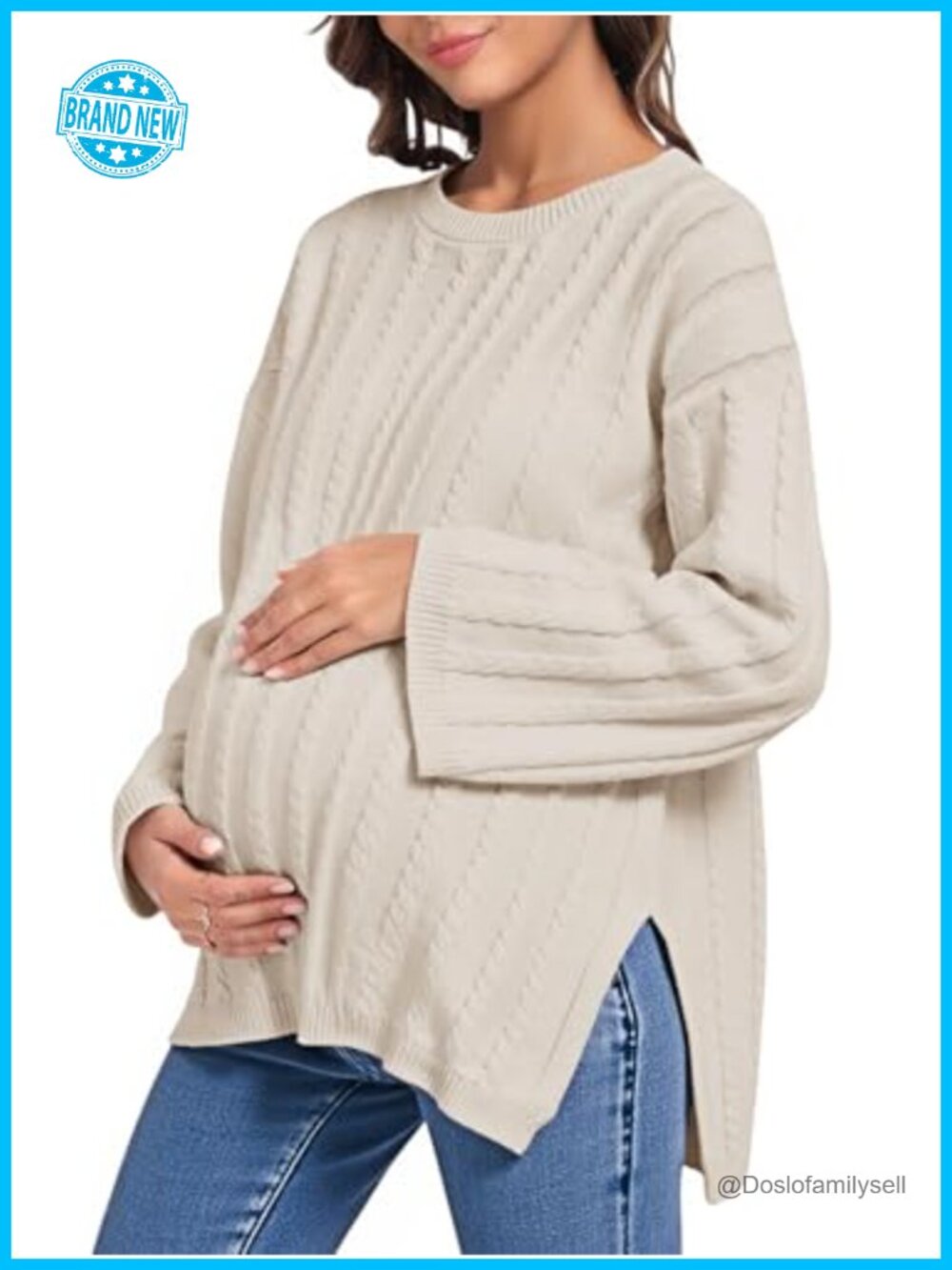 Maternity Cable Knit Sweater Loose Fit Crewneck Long Sleeve Side Slit Pullover